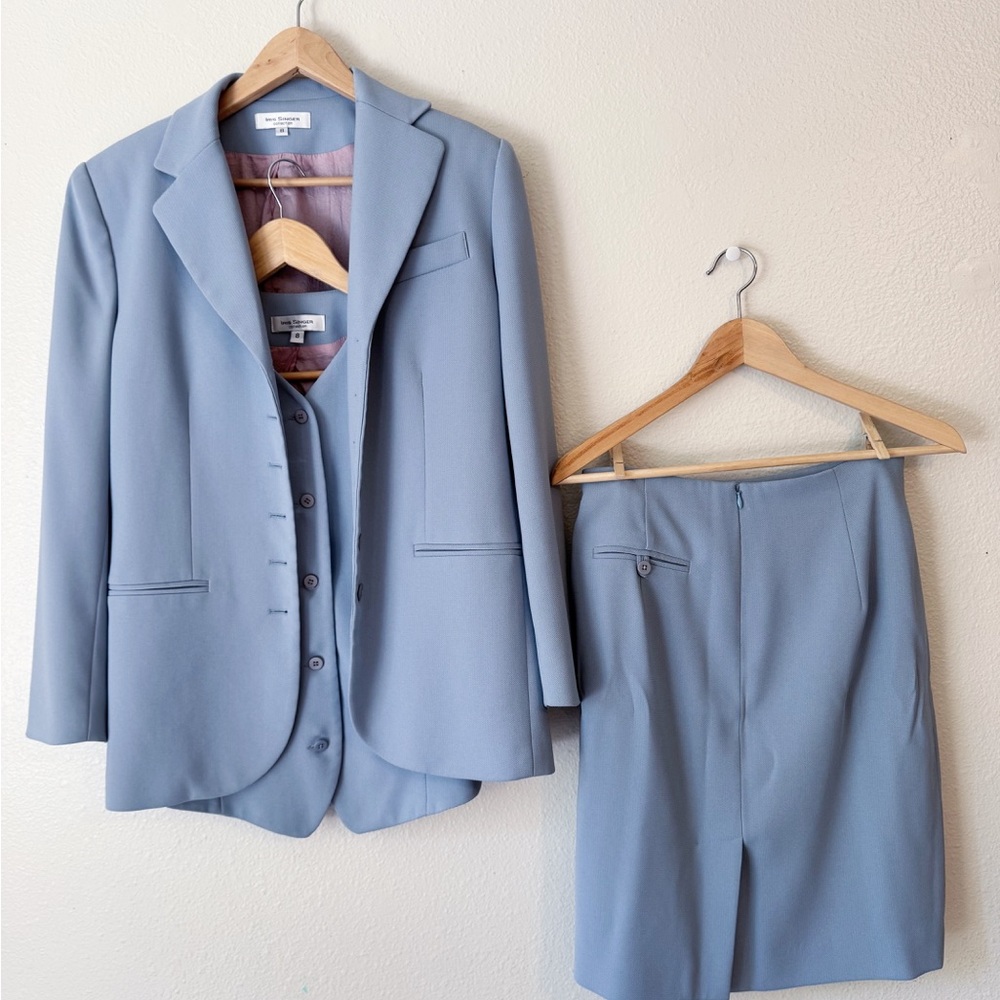 Vintage Sky Blue 3-Piece Skirt Suit Set | Blazer, Vest & Skirt
